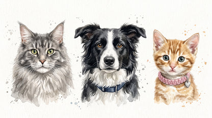 Together Forever watercolor group portrait - cat, dog and kitten