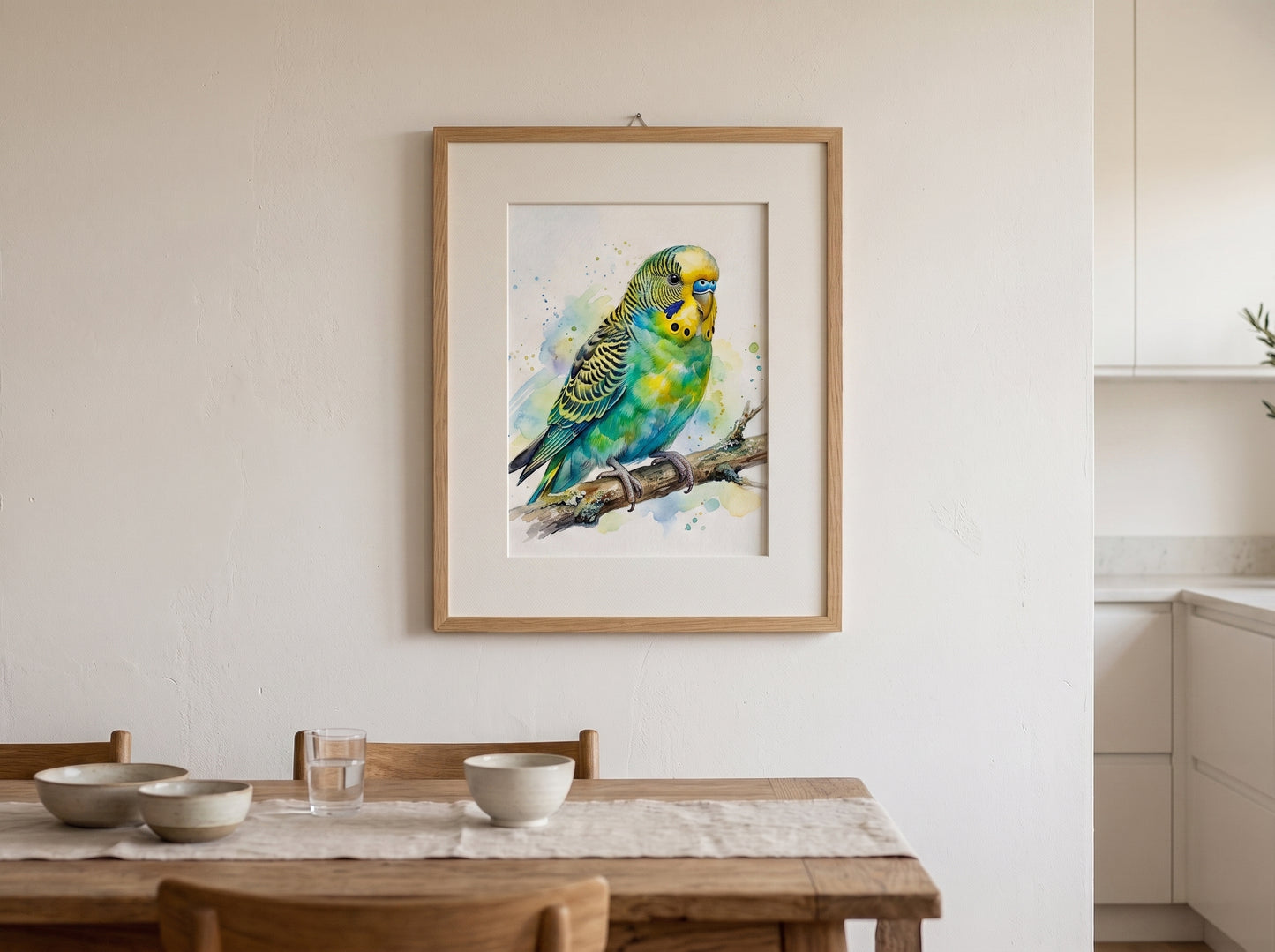 Retrato de pájaro estilo acuarela en una habitación
