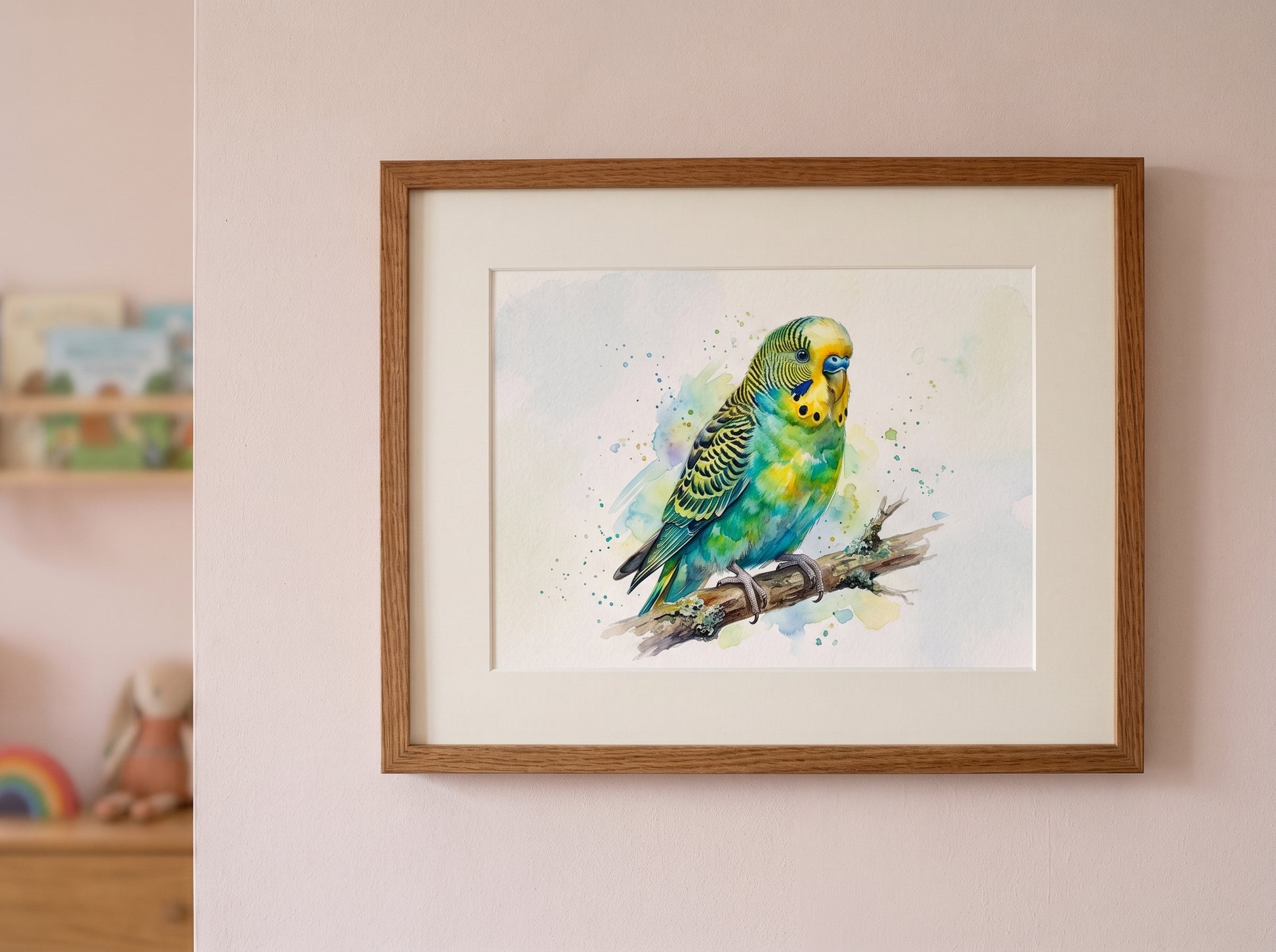 Retrato de pájaro estilo acuarela en una habitación