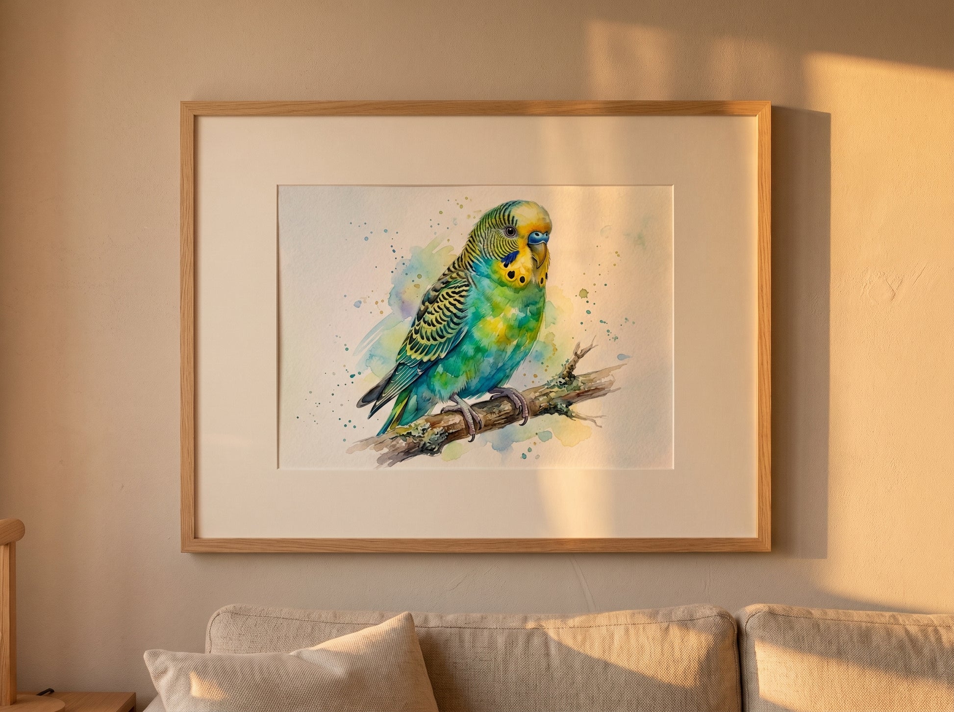 Retrato de pájaro estilo acuarela en una habitación