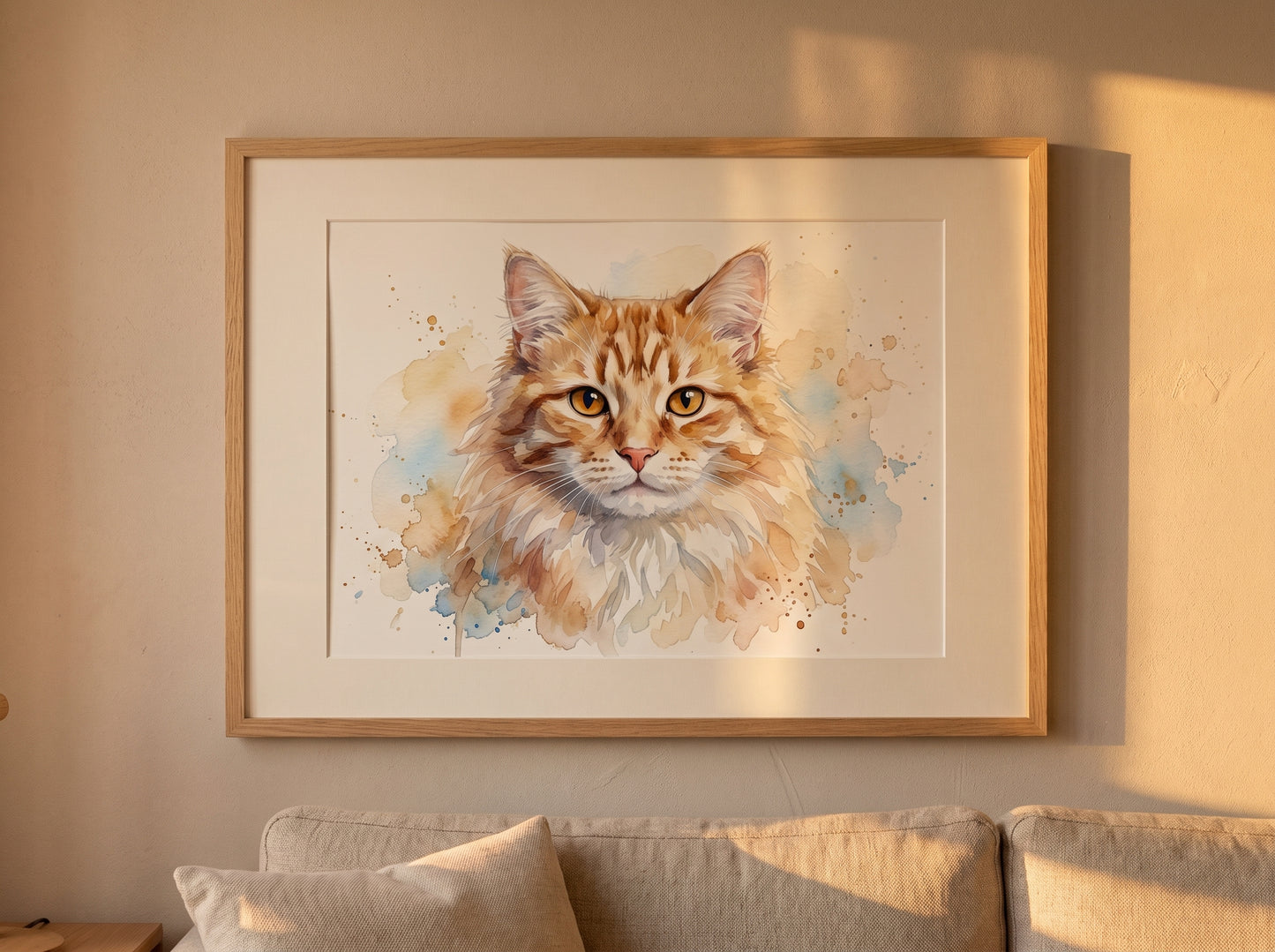 Retrato de gato estilo acuarela en una habitación