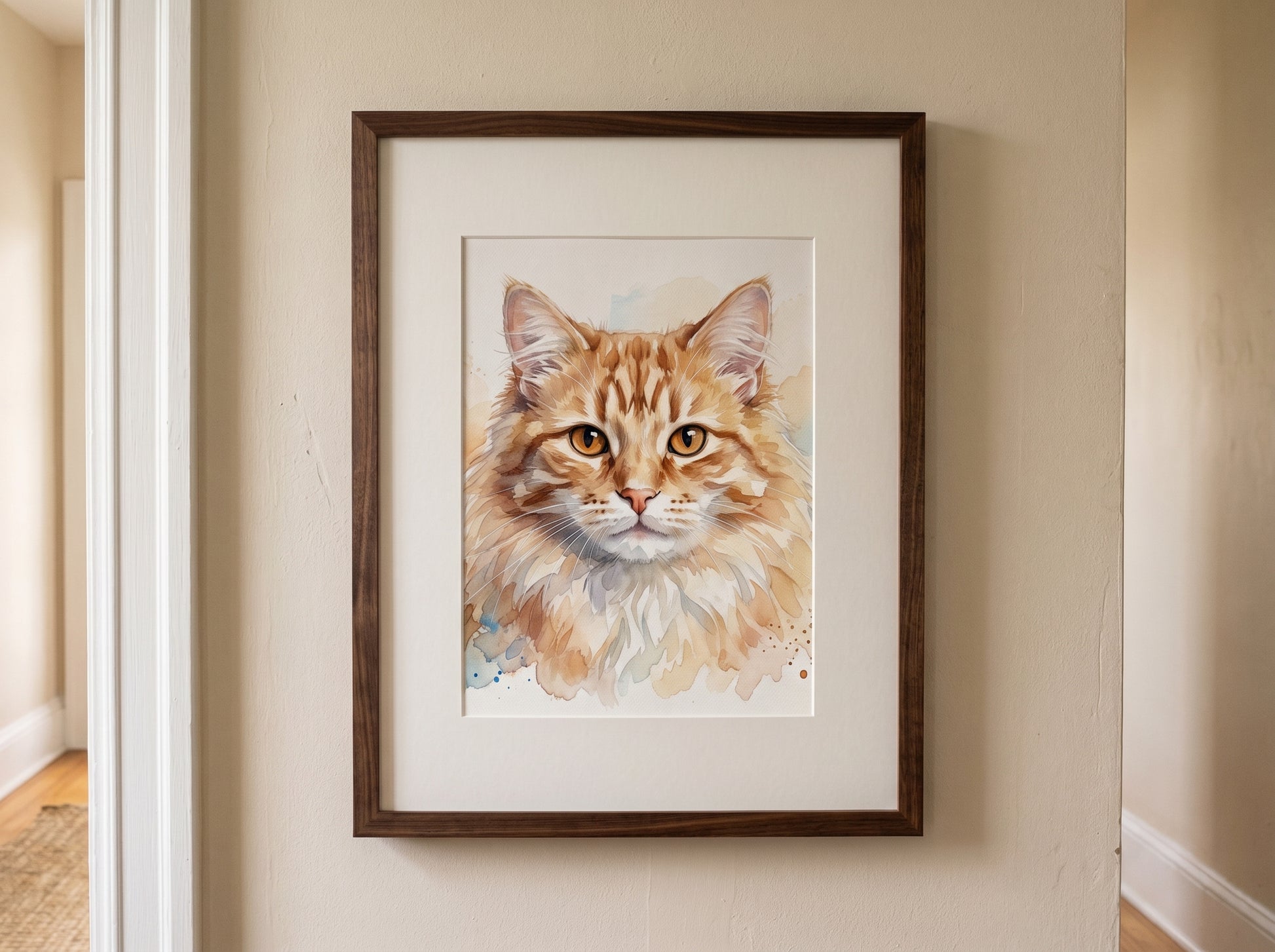 Retrato de gato estilo acuarela en una habitación