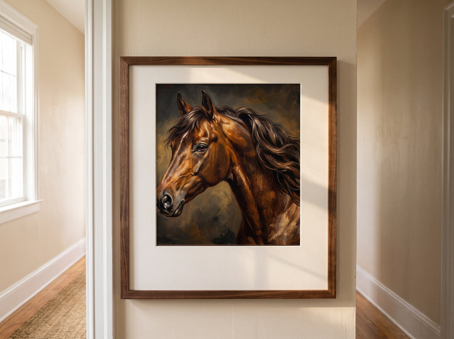 Retrato de caballo estilo óleo clásico en una habitación