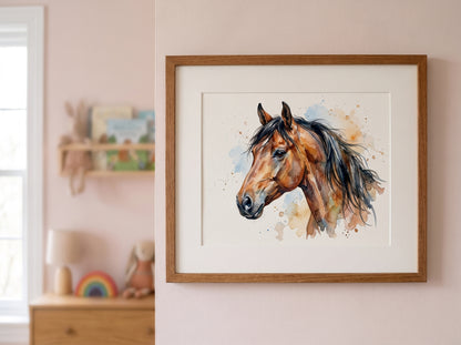 Retrato de caballo estilo acuarela en una habitación