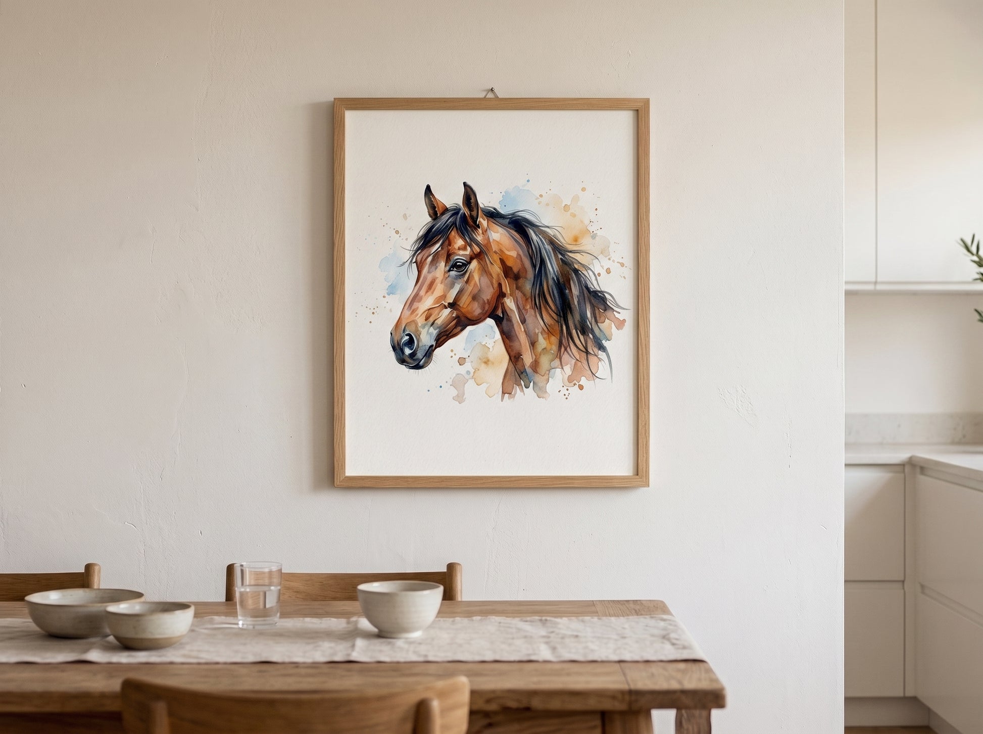Retrato de caballo estilo acuarela en una habitación