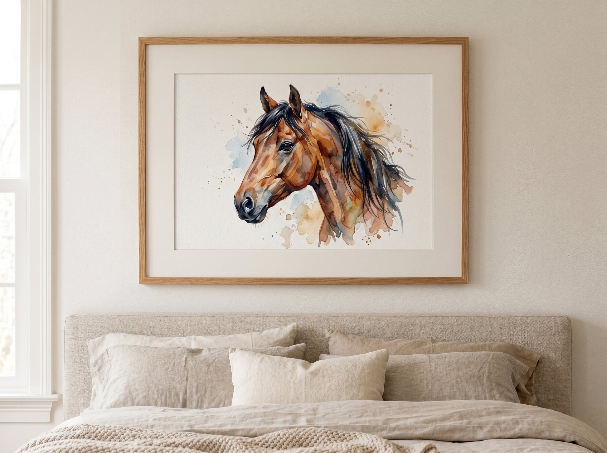 Retrato de caballo estilo acuarela en una habitación