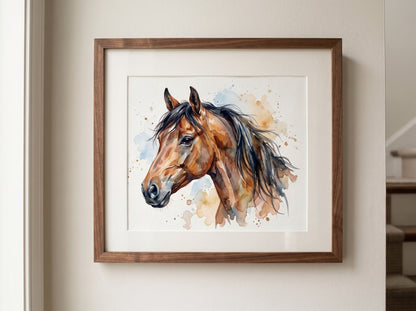 Retrato de caballo estilo acuarela en una habitación