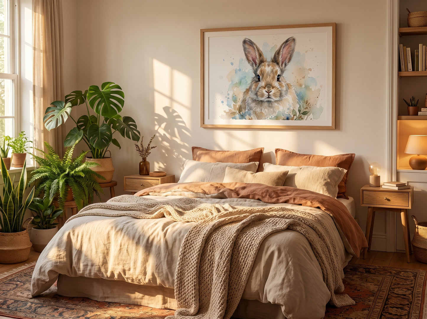 Retrato de conejo estilo acuarela en una habitación