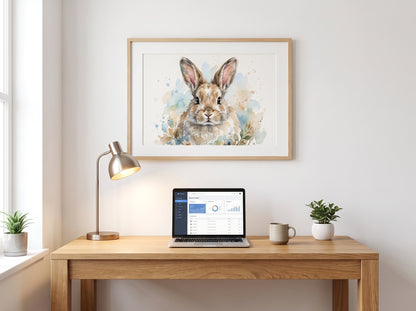 Retrato de conejo estilo acuarela en una habitación
